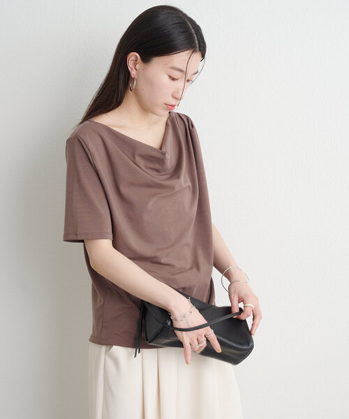Omekashi tシャツ ボートネックドレープ半袖Tシャツ レディース
