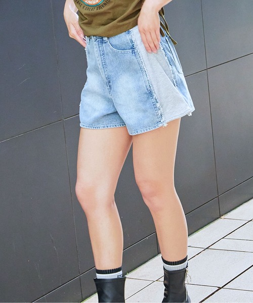 パンツ 「裏毛×切替デザイン」レディース デニムショートパンツ ハイ パンツ 「裏毛×切替デザイン」レディース デニムショートパンツ ハイ