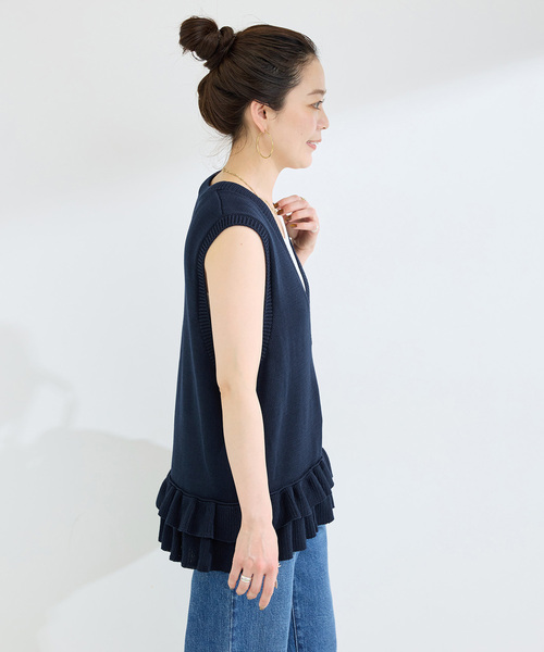 【ヨリ】 22SS ダブルフリルジレ ベスト チュニック 38 ネイビー ヨリ】 22SS ダブルフリルジレ ベスト チュニック 38 ネイビー