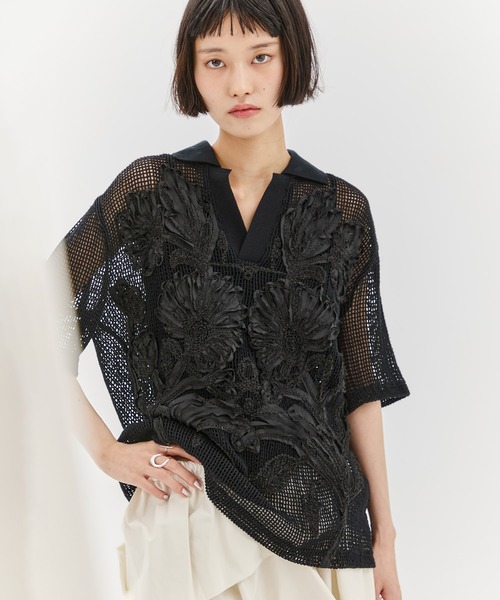 ブラウス シャツ 「TAAKK/ターク」MESH EMBROIDERY POLO SHIRT/メッシュエンブロイダリーポロシャツ/トップス レディース