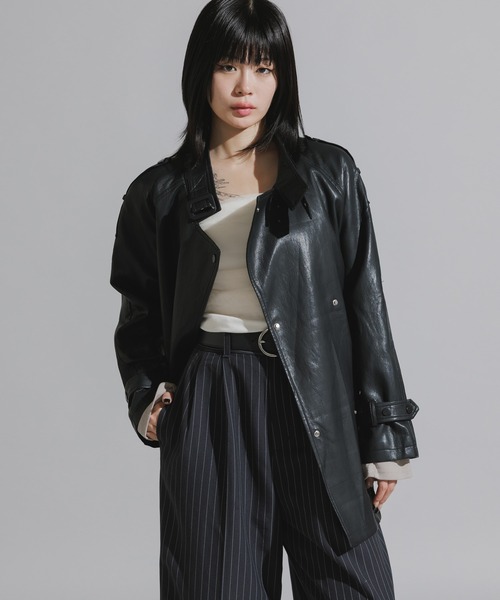 レザー風トレンチコート チェスターコート Chick トレンチコート コート Faux Leather Double-Breasted Trench