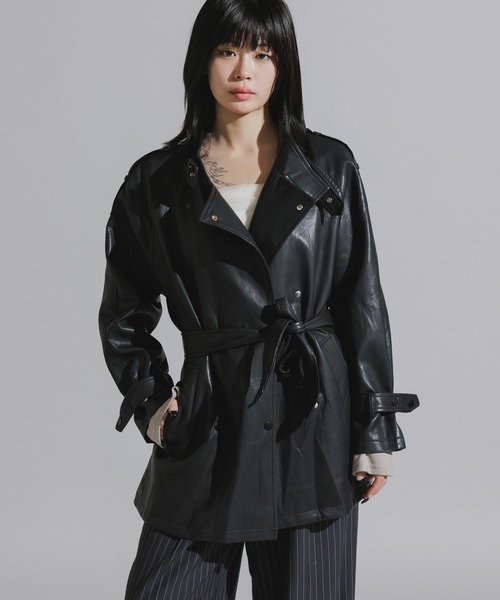 レザー風トレンチコート チェスターコート Chick トレンチコート コート Faux Leather Double-Breasted Trench