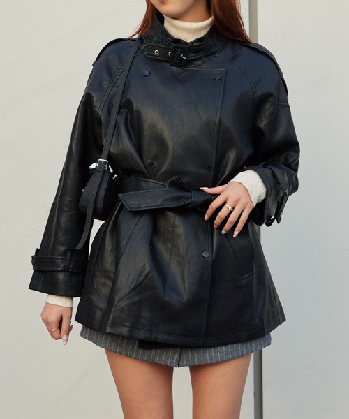 レザー風トレンチコート チェスターコート Chick トレンチコート コート Faux Leather Double-Breasted Trench