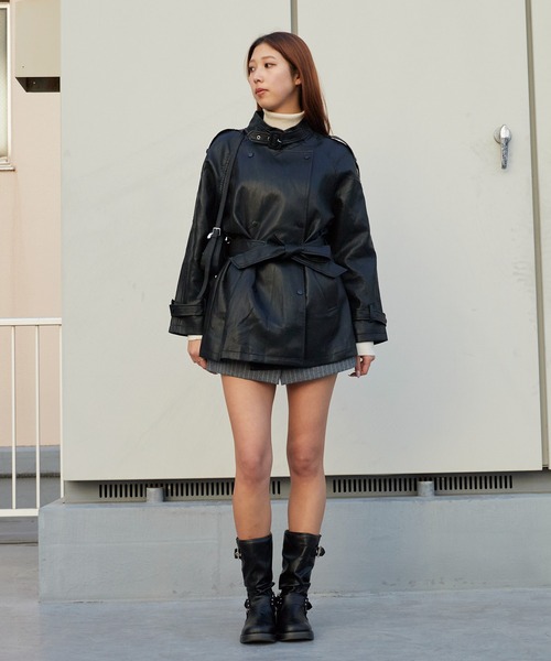 Chick トレンチコート コート Faux Leather Double-Breasted Trench