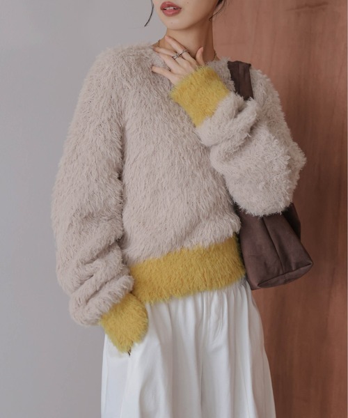 ニット セーター バイカラーシャギーニットトップス レディース
