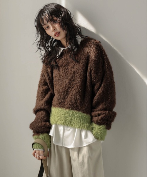 ANACHRONORM モヘア混 シャギーニット バイカラー 日本製 ニット セーター バイカラーシャギーニットトップス レディース