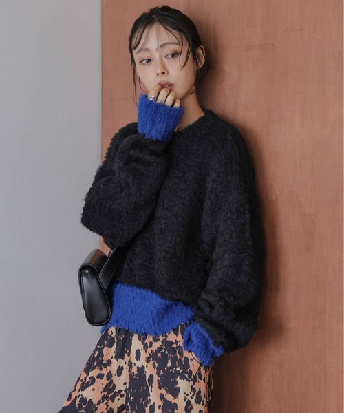 ニット セーター バイカラーシャギーニットトップス レディース