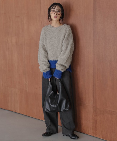 ニット セーター バイカラーシャギーニットトップス レディース