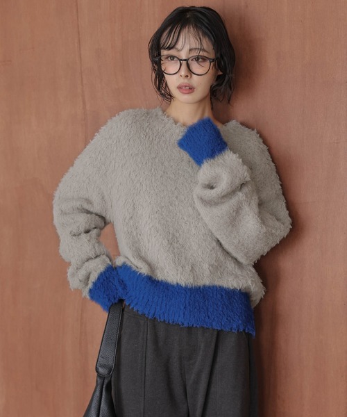 ニット セーター バイカラーシャギーニットトップス レディース