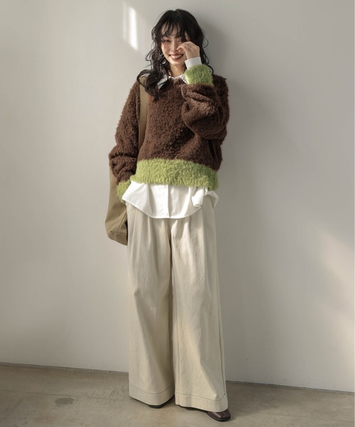 ニット セーター バイカラーシャギーニットトップス レディース