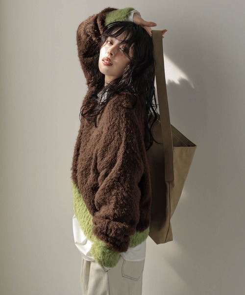 ニット セーター バイカラーシャギーニットトップス レディース