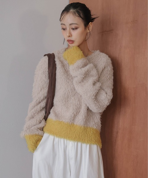 ニット セーター バイカラーシャギーニットトップス レディース