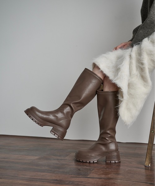 THE Yon ブーツ バックジッププラットロングブーツ レディース