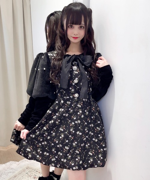 Swankiss スワンキス　ワンピース　猫柄　長袖　ウエストゴム　サイズF Swankiss（スワンキス） 長袖ワンピース FREE ブラック レディース