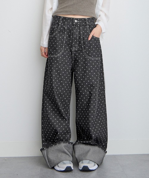 ロールアップドット柄ワイドデニムパンツ ワイドパンツ ジーンズ デニム デニムパンツ ドット柄ロールアップ