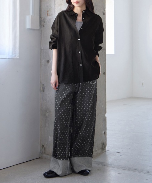 ワイドパンツ ジーンズ デニム デニムパンツ ドット柄ロールアップ
