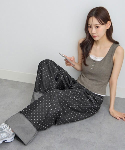 ワイドパンツ ジーンズ デニム デニムパンツ ドット柄ロールアップ