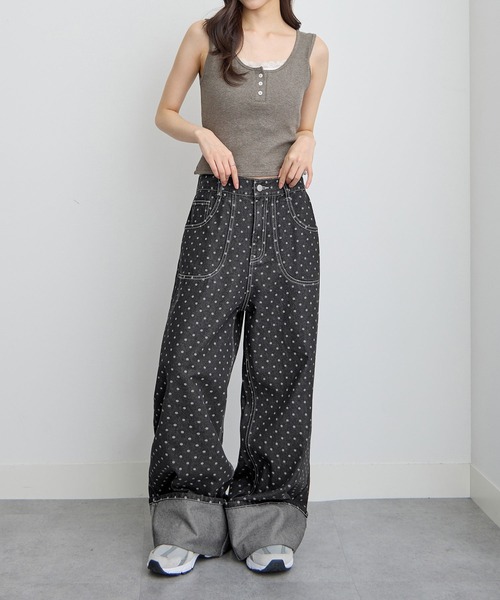 ワイドパンツ ジーンズ デニム デニムパンツ ドット柄ロールアップ