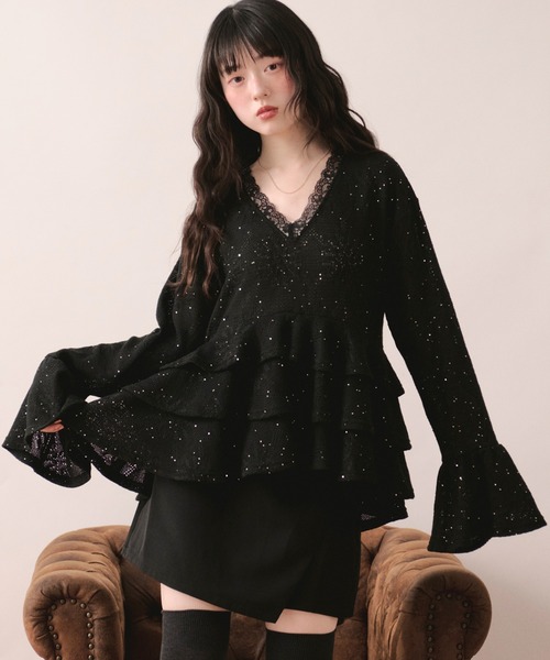 loin nuit tシャツ spangle lace frill tops / スパンコールレース