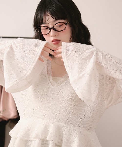 loin nuit ロワンニュイ スパンコールレースフリルトップス loin nuit tシャツ spangle lace frill tops / スパンコールレース