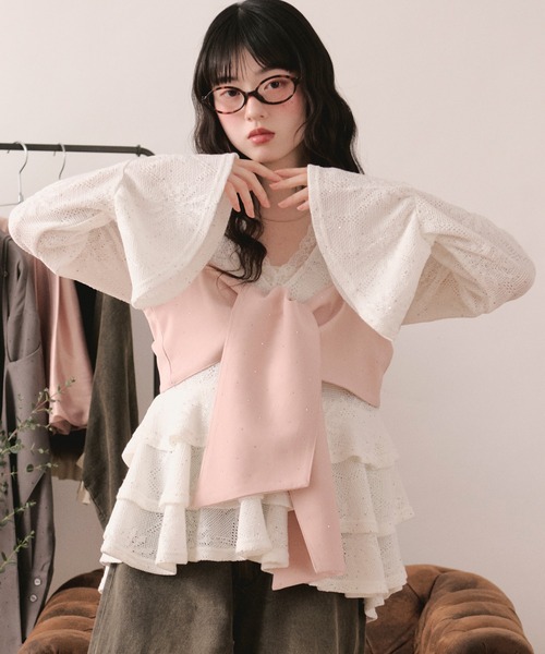 【loin nuit】スパンコールレースフリルトップス ホワイト loin nuit tシャツ spangle lace frill tops / スパンコールレース