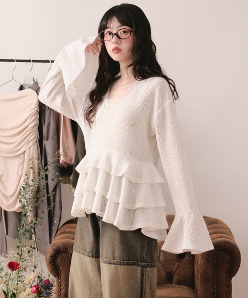 【loin nuit】スパンコールレースフリルトップス ホワイト loin nuit tシャツ spangle lace frill tops / スパンコールレース