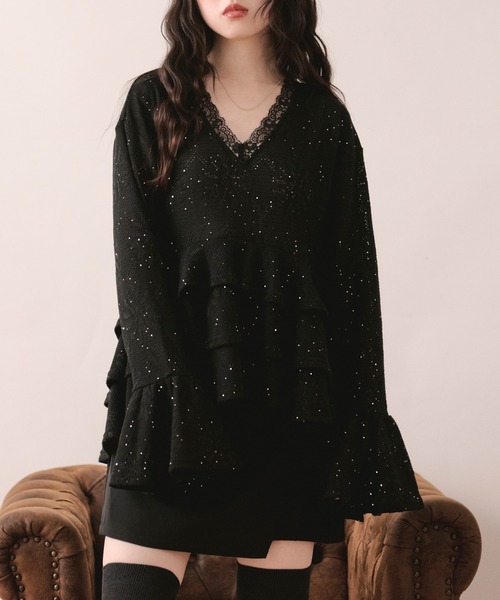 loin nuit tシャツ spangle lace frill tops / スパンコールレース