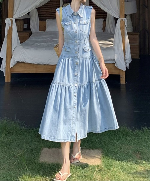 FOXEY BOUTIQUE デニム風　ワンピース　フレア　Aラインノースリーブ LUCPY ワンピース ノースリーブ デニムフレアワンピース : ZOZOTOWN