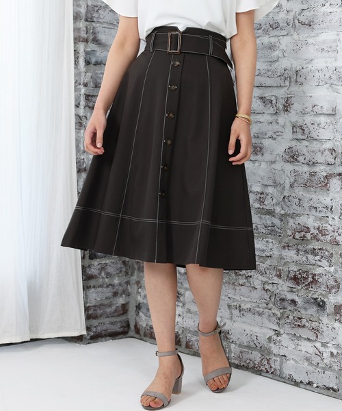 スカート ベルト付きステッチハギフレアスカート 無料配達