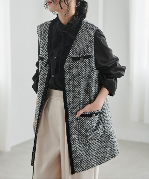 RANAN（ラナン） スーツ ベスト Vネックツイードロングジレ : ZOZOTOWN