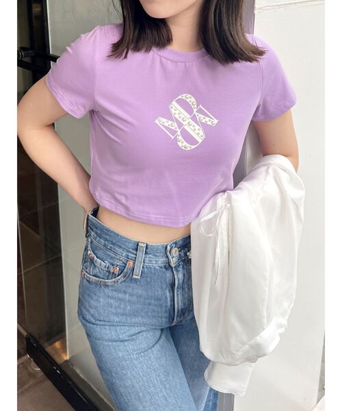 MERCURYDUO tシャツ クロップドパールロゴTシャツ レディース