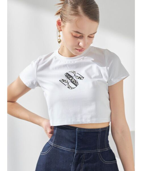 MERCURYDUO tシャツ クロップドパールロゴTシャツ レディース