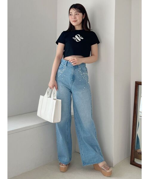MERCURYDUO tシャツ クロップドパールロゴTシャツ レディース