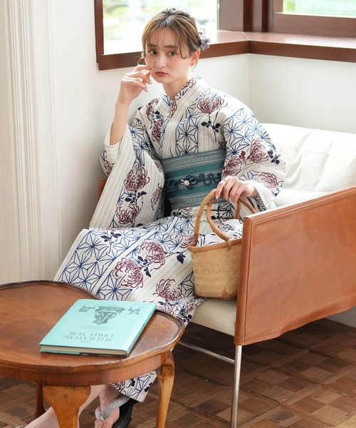 浴衣 手染め注染浴衣3点セット utatane×注染工房 等間しじら 紺の麻の葉とえんじの菊 レディース