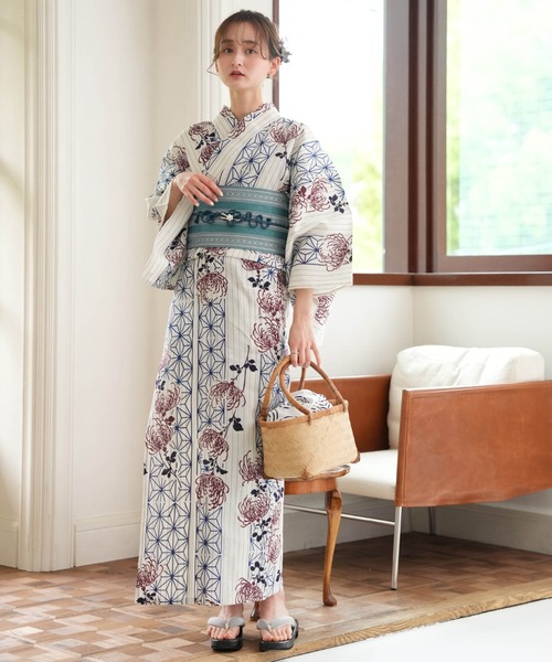 浴衣 手染め注染浴衣3点セット utatane×注染工房 等間しじら 紺の麻の葉とえんじの菊 レディース_2