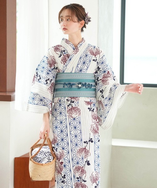 浴衣 手染め注染浴衣3点セット utatane×注染工房 等間しじら 紺の麻の葉とえんじの菊 レディース_5