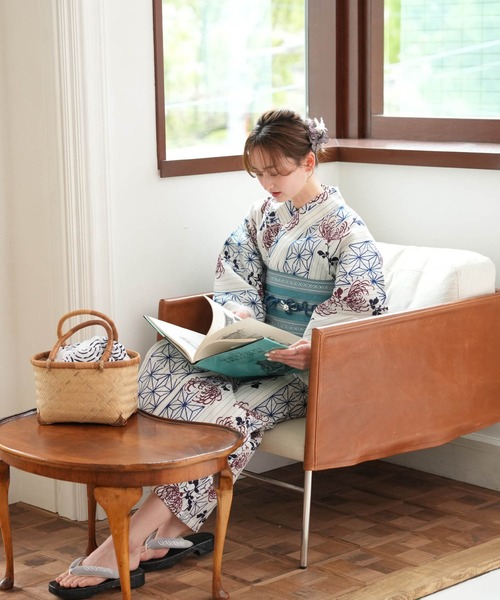 浴衣 手染め注染浴衣3点セット utatane×注染工房 等間しじら 紺の麻の葉とえんじの菊 レディース_6