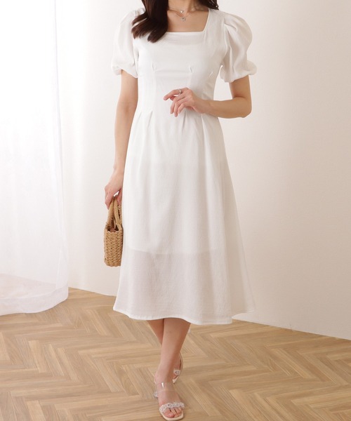 Lace Ladies ワンピース スクエアネック パフスリーブ Aライン