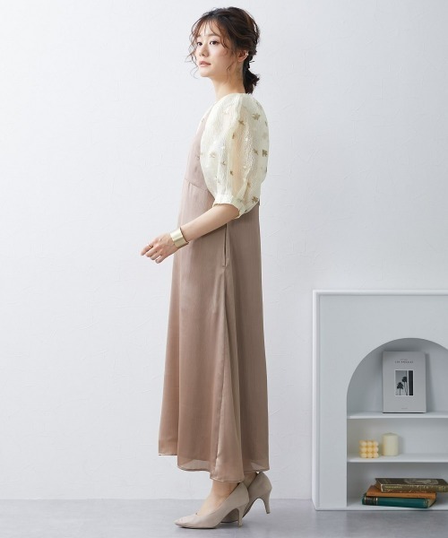 Neina パーティードレス ドレス 袖ジャガード使い楊柳ワンピースドレス 