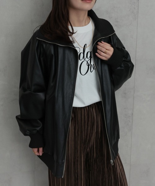 キルト裏地カラーネックレザー調ジャンパー blackup jumper キルト裏地カラーネックレザー調ジャンパー blackup jumper