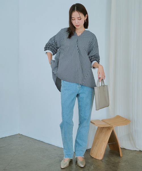 ブラウス シャツ 「洗える」フリルスリーブストライプブラウス レディース LAVEANGE ブラウス シャツ 「洗える」フリルスリーブストライプ