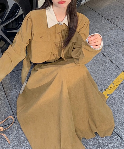 Kuroba ワンピース 配色コーデュロイワンピース ベルト付き : ZOZOTOWN