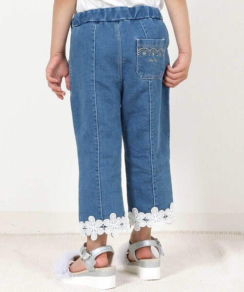 SLAP SLIP パンツ 裾お花レースデニムニットセンタータック7分丈