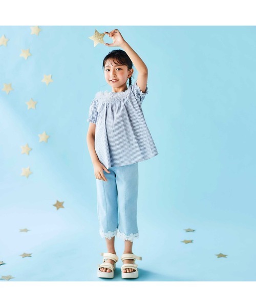 きっちゃん　jflower デニム SLAP SLIP パンツ 裾お花レースデニムニットセンタータック7分丈