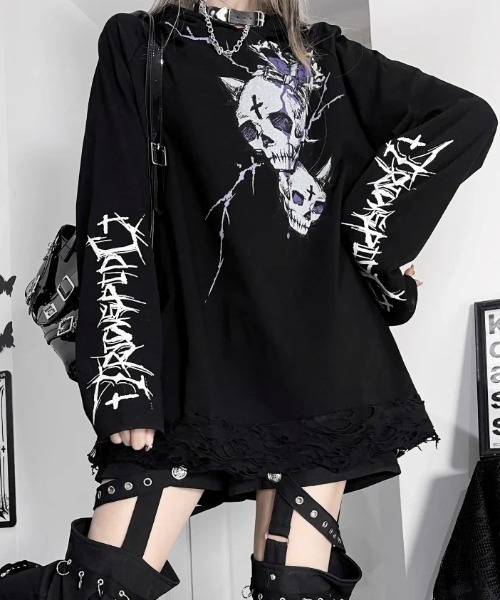 tシャツ A'GEM/9 × .kom「TricuspidC/トライカスピッドシー」Skull design monotone blood LS/スカ