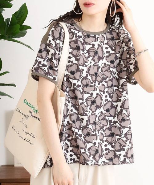 tシャツ BRODIAEA リバティプリント半袖Ｔシャツ 大花柄×無地切り替えカットソー日本製 レディース