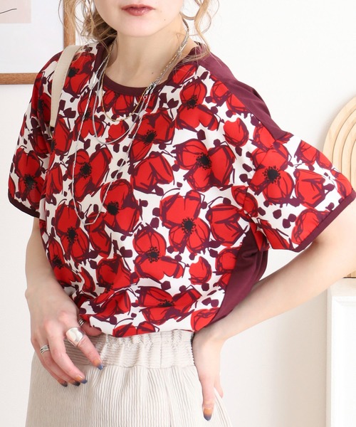 tシャツ BRODIAEA リバティプリント半袖Ｔシャツ 大花柄×無地切り替えカットソー日本製 レディース セール】BRODIAEA リバティプリント半袖Tシャツ 大花柄×無地