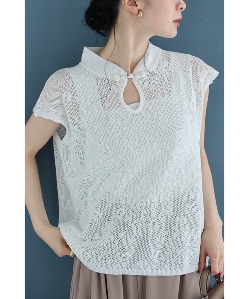 cawaii tシャツ アジアンデザインな首元のメッシュカットソートップス
