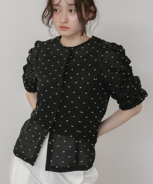 ブラウス シャツ 「original」ドットシャーリングブラウス/シアートップス 水玉 ブラウス シャツ シャーリング ギャザー 前開き 韓国 春服