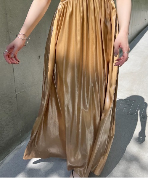 Ameri/MEDI LADY LAYERED DRESS サテンワンピース Ameri（アメリ） ワンピース MEDI LEATHER LIKE VOLUME CAMI DRESS